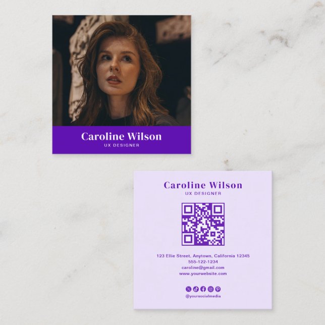 Modern Minimal Indigo Professional QR Code Photo Square Business Card (Front/Back)