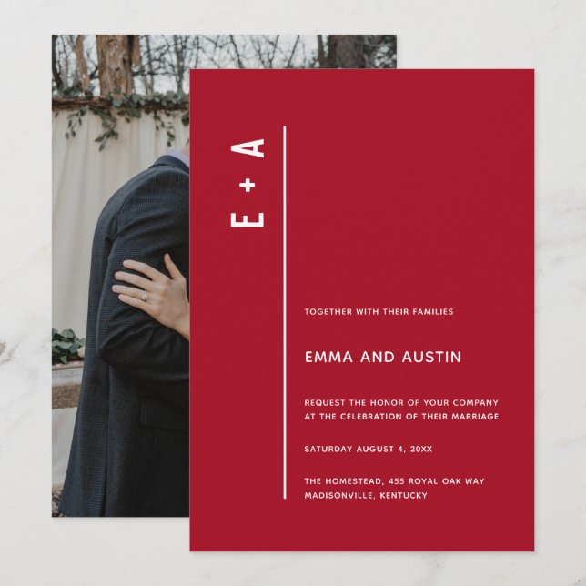 Modern Minimal Initials Bold Red Wedding Invitation (Front/Back)