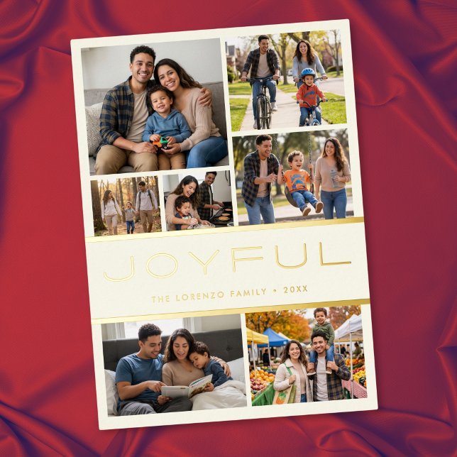 Modern Minimal Ivory 7 Photo Collage Joyful (Modern Minimal Ivory 7 Photo Collage Joyful Foil Holiday Card)