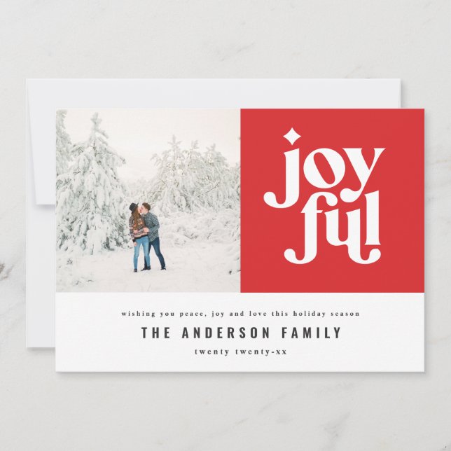 Modern minimal joyful typography photo holiday card (Front)