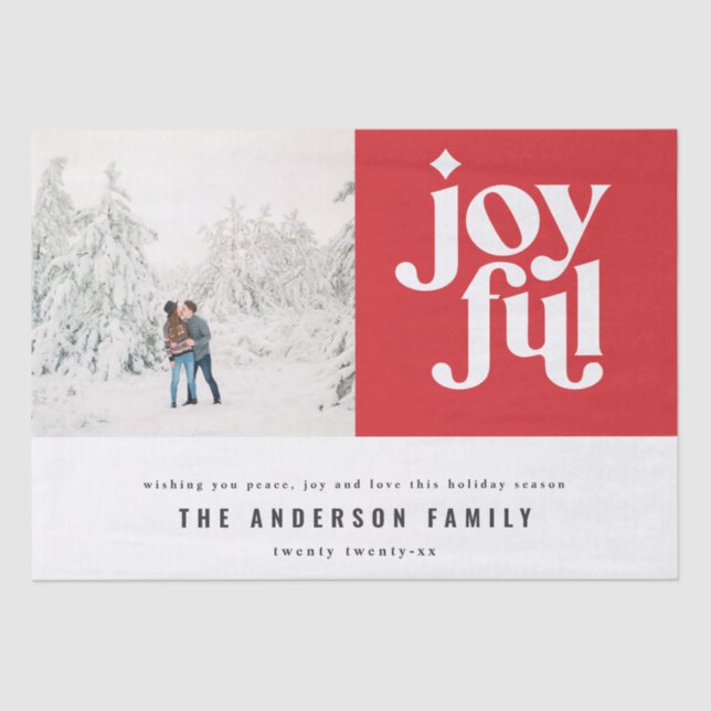 Modern minimal joyful typography photo holiday tissue paper (Front)