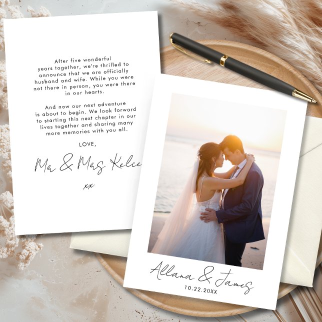 Modern Minimal Just Married Photo Announcement (Elegant wedding announcement card set featuring a couple kissing at sunset.)