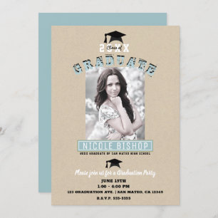 Modern Minimal Kraft Blue Photo Graduation Party   Invitation