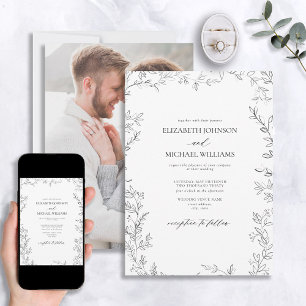 Modern Minimal Leaf Black & White Photo Wedding Invitation