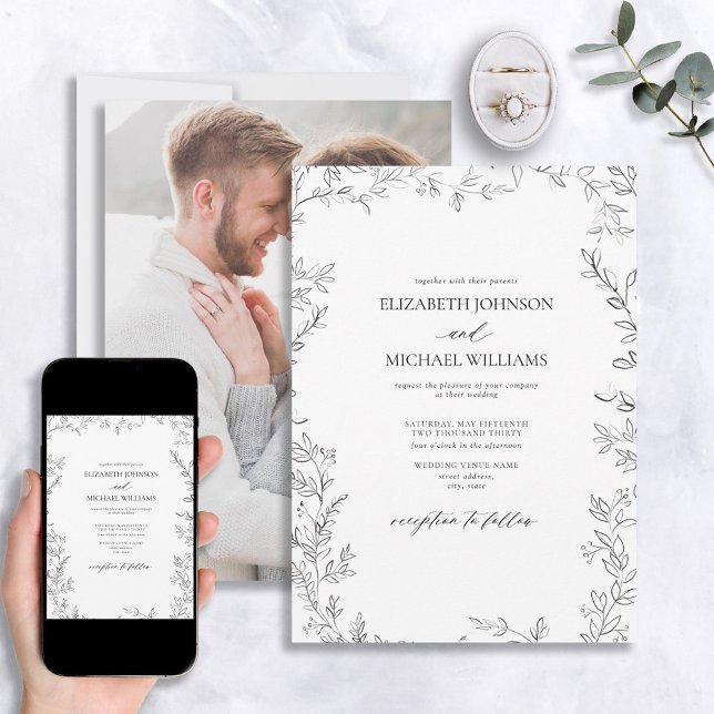 Modern Minimal Leaf Black & White Photo Wedding Invitation (Creator Uploaded)