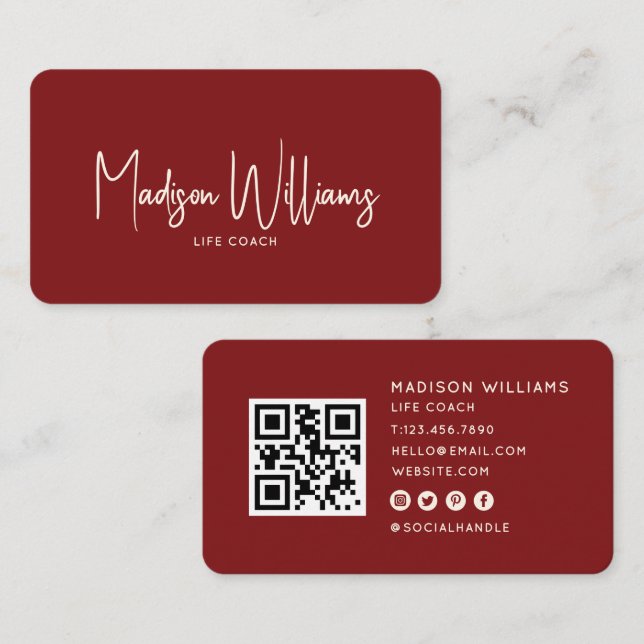 Modern Minimal Life Coach QR Code | Cherry Red Business Card (Front/Back)