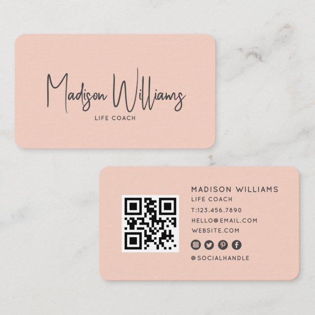 Modern Minimal Life Coach QR Code | Dusty Pink  Business Card (Front/Back)