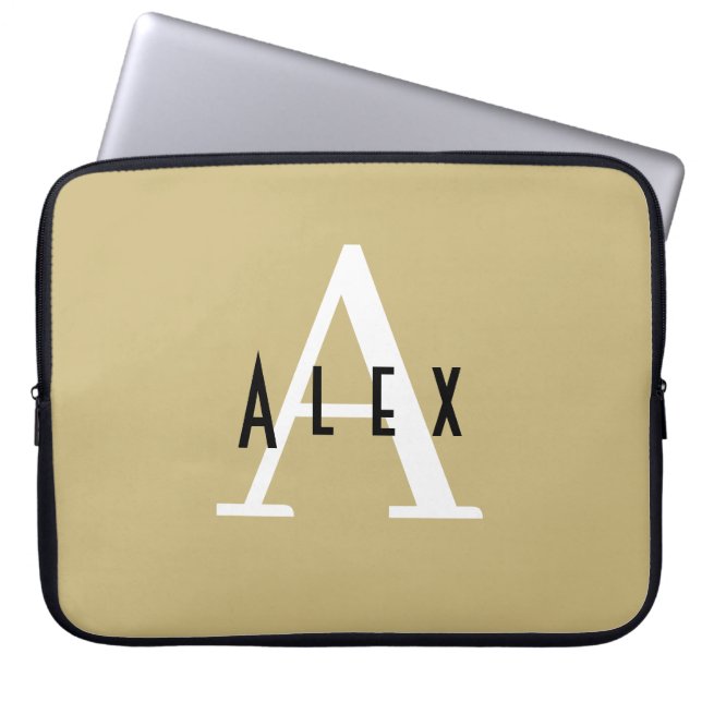 Modern Minimal Light Green Initial + Name Monogram Laptop Sleeve (Front)