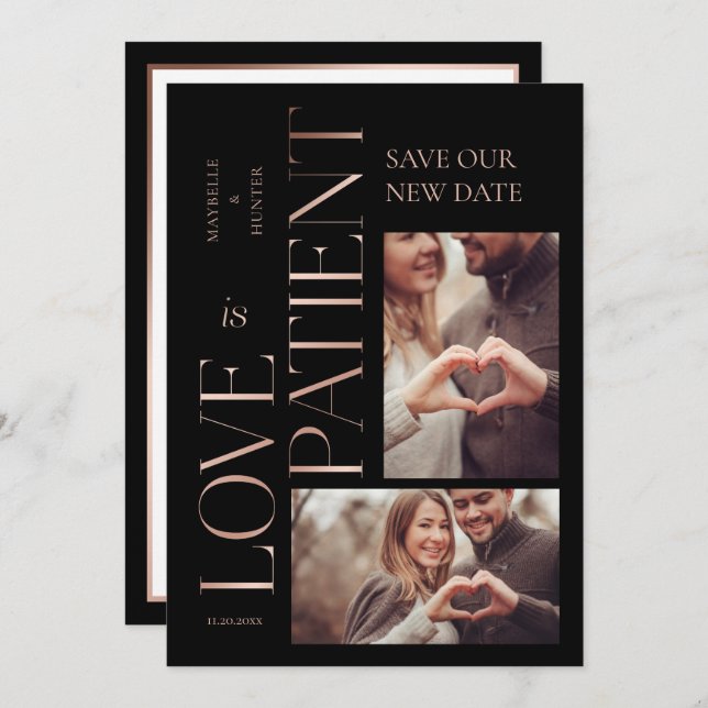 Modern Minimal Love is Patient Rose Gold Photo Save The Date (Front/Back)