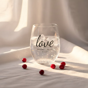 Modern Minimal 'Love' Wedding Couple Names & Date Stemless Wine Glass