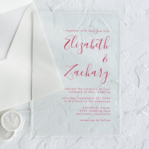 Modern Minimal Magenta Script Wedding Acrylic Invitations