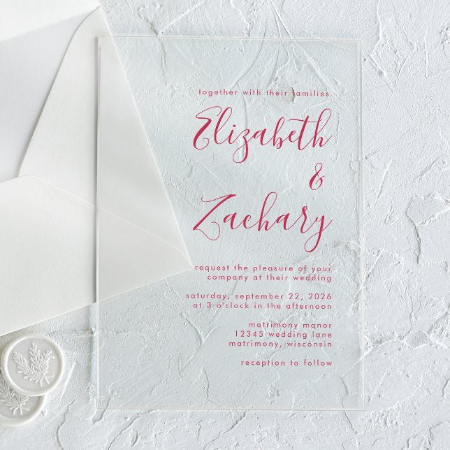 Modern Minimal Magenta Script Wedding Acrylic Invitations (Creator Uploaded)