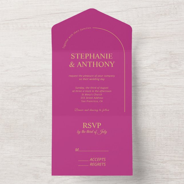 Modern Minimal Magenta with Arch Wedding      All In One Invitation (Inside)