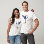 Modern Minimal Menorah Paleo Hebrew Navy Gold T-Shirt<br><div class="desc">Modern minimal Menorah design in navy with faux gold foil on the candle tips and Paleo Hebrew letters written below the Menorah. The Paleo Hebrew letters used to write out the word Menorah: Mem, Nun, Resh, Hey. Their meaning, in brief is Mem - Chaos Mighty Blood; Nun - Continue Heir...</div>