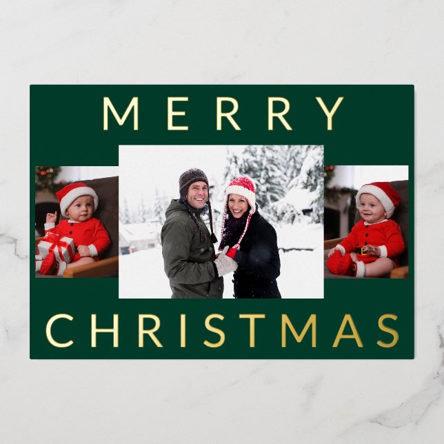 Modern Minimal Merry Christmas Family Photo, Green (Front)