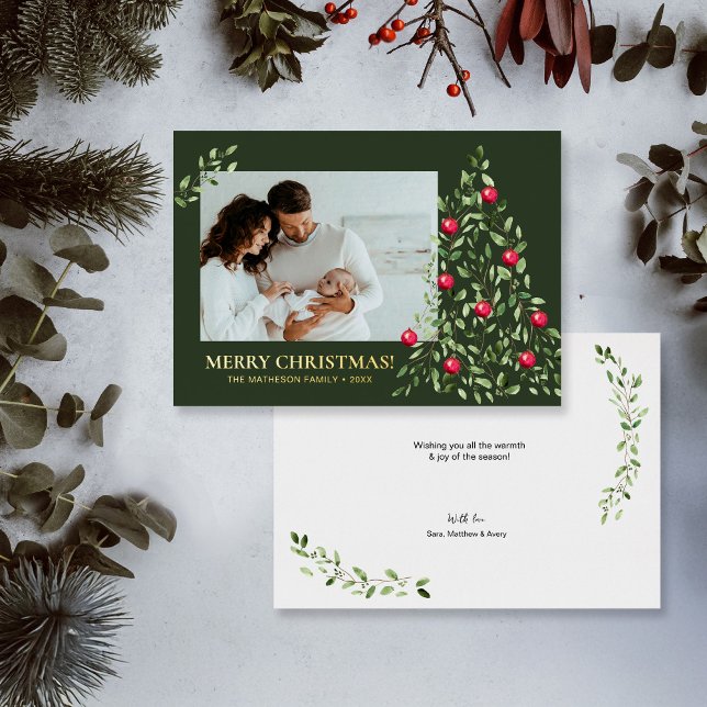 Modern Minimal Merry Christmas Foliage Green Gold (Stylish Elegant Real Gold Foil watercolor tree with red ornaments custom photo Holiday Card.)