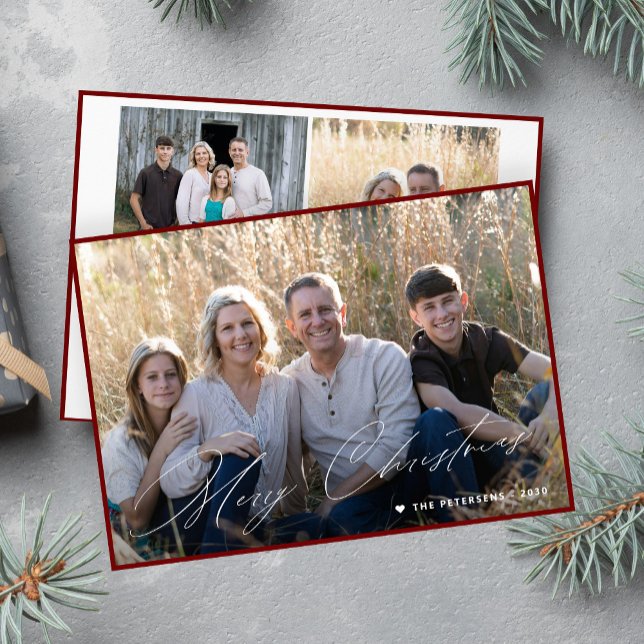 Modern minimal Merry Christmas script 3 photo Holiday Card (Creator Uploaded)