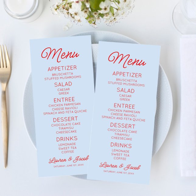 Modern Minimal Minimalist Blue and Red Wedding Menu (Creator Uploaded)