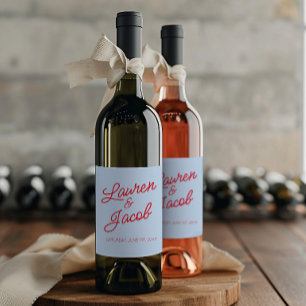 Modern Minimal Minimalist Blue and Red Wedding Wine Label