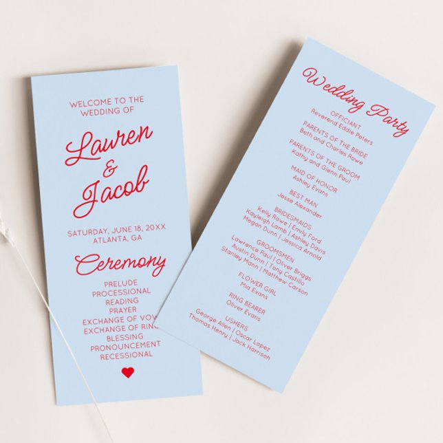 Modern Minimal Minimalist Blue Red Wedding Programme (Creator Uploaded)