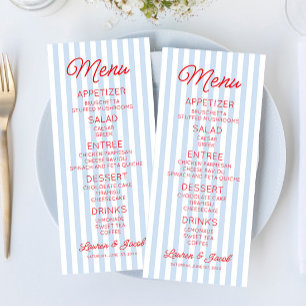 Modern Minimal Minimalist Blue Stripes Red Wedding Menu