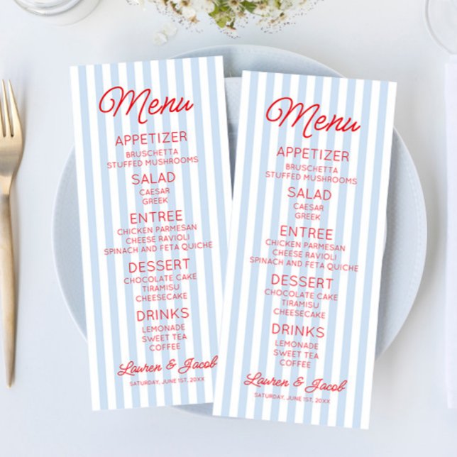 Modern Minimal Minimalist Blue Stripes Red Wedding Menu (Creator Uploaded)