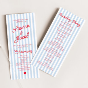 Modern Minimal Minimalist Blue Stripes Red Wedding Programme