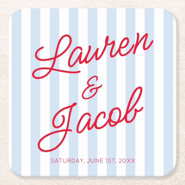 Modern Minimal Minimalist Blue Stripes Red Wedding Square Paper Coaster (Front)