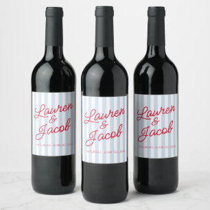Modern Minimal Minimalist Blue Stripes Red Wedding Wine Label
