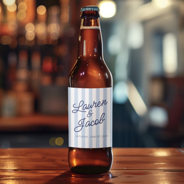 Modern Minimal Minimalist Blue Stripes Wedding Beer Bottle Label (Creator Uploaded)