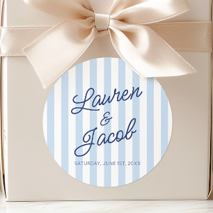 Modern Minimal Minimalist Blue Stripes Wedding Classic Round Sticker