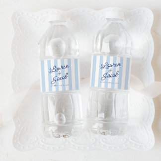 Modern Minimal Minimalist Blue Stripes Wedding Water Bottle Label