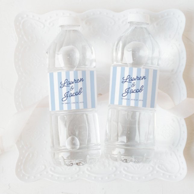 Modern Minimal Minimalist Blue Stripes Wedding Water Bottle Label (Creator Uploaded)