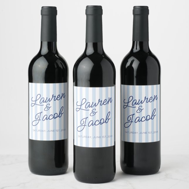 Modern Minimal Minimalist Blue Stripes Wedding Wine Label (Bottles)