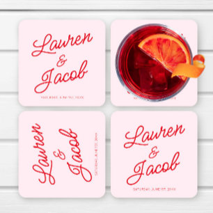 Modern Minimal Minimalist Pink and Red Wedding Square Paper Coaster