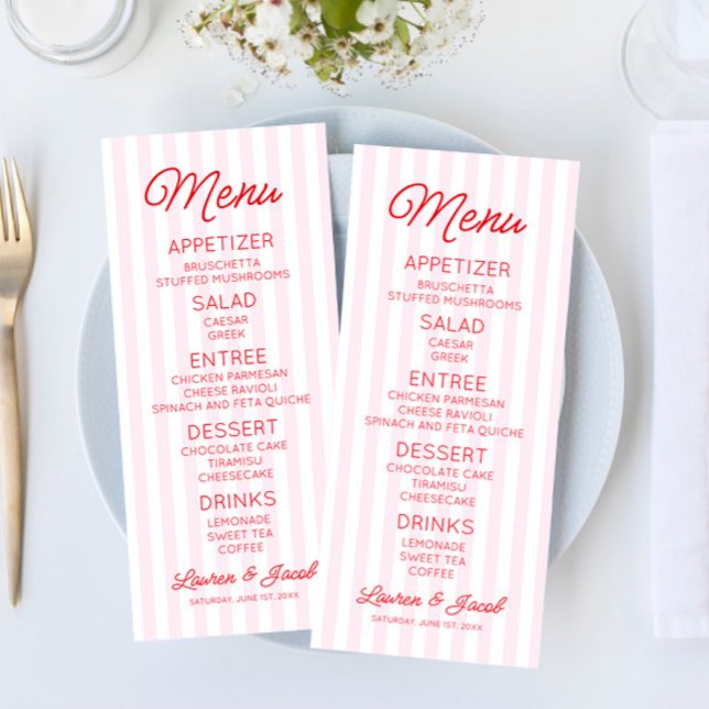 Modern Minimal Minimalist Pink Stripes Red Wedding Menu (Creator Uploaded)
