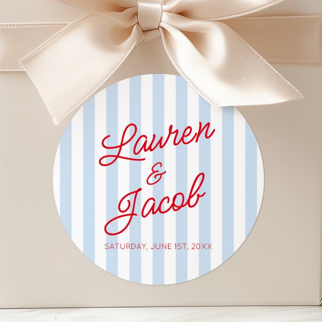 Modern Minimal Minimalist Red Blue Stripes Wedding Classic Round Sticker (Creator Uploaded)