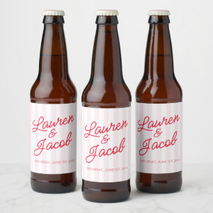 Modern Minimal Minimalist Red Pink Stripes Wedding Beer Bottle Label