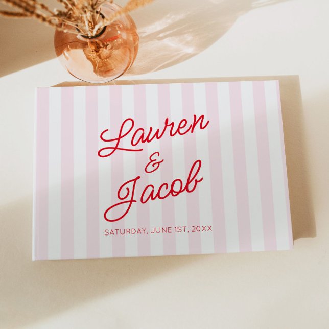 Modern Minimal Minimalist Red Pink Stripes Wedding Guest Book (Creator Uploaded)