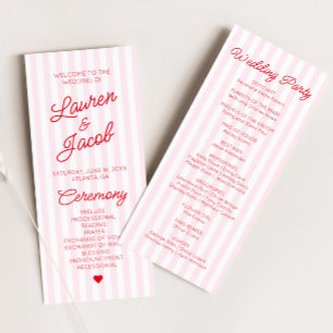 Modern Minimal Minimalist Red Pink Stripes Wedding Programme