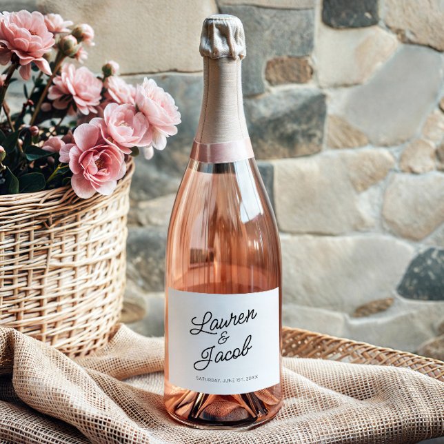 Modern Minimal Minimalist White Black Wedding Sparkling Wine Label (Creator Uploaded)