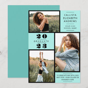 Modern Minimal Mint Black Photo Grid Graduation Announcement