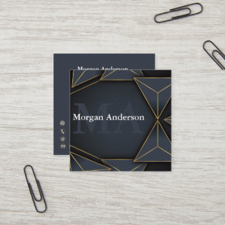Modern Minimal Monogram and Metal Polygon Charcoal Square Business Card