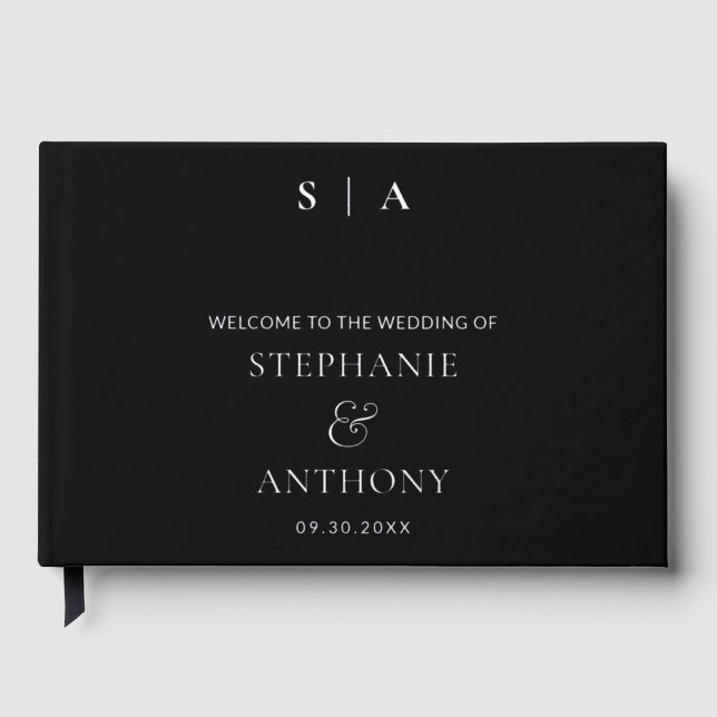 Modern Minimal Monogram Black and Silver Wedding   Guest Book (Front)