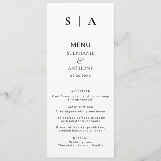 Modern Minimal Monogram Black and White Wedding  Menu (Front)