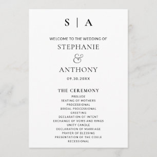 Modern Minimal Monogram Black and White Wedding Programme