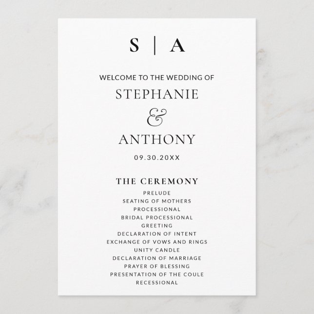 Modern Minimal Monogram Black and White Wedding  Programme (Front)