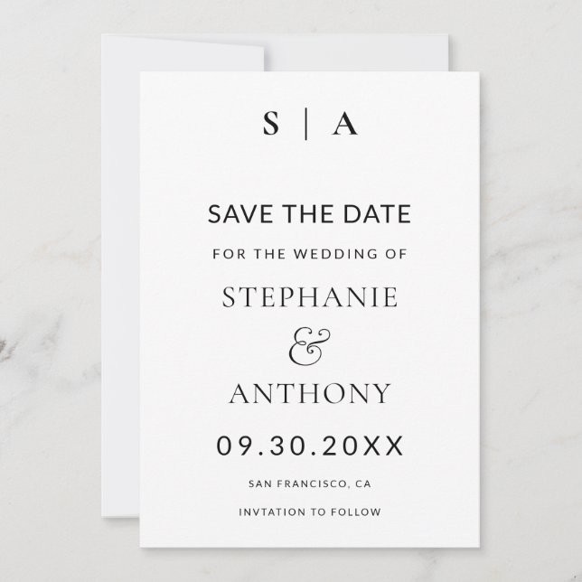 Modern Minimal Monogram Black and White Wedding  Save The Date (Front)