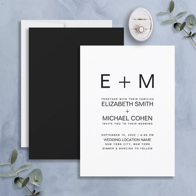 Modern Minimal Monogram Black & White Wedding Invitation (Creator Uploaded)