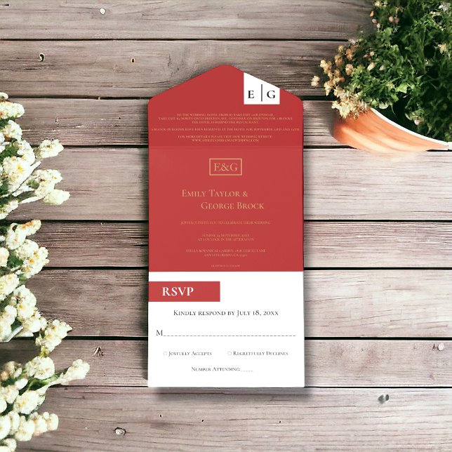 Modern Minimal Monogram Burgundy Gold Chic Wedding All In One Invitation (Creator Uploaded)